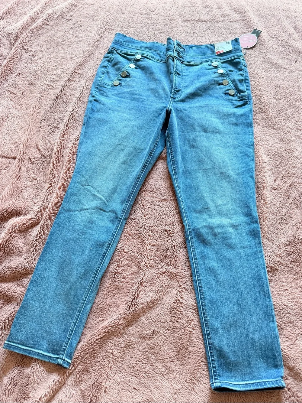 Express Women's Light Blue Skinny Jeans with Button-Accent Pockets